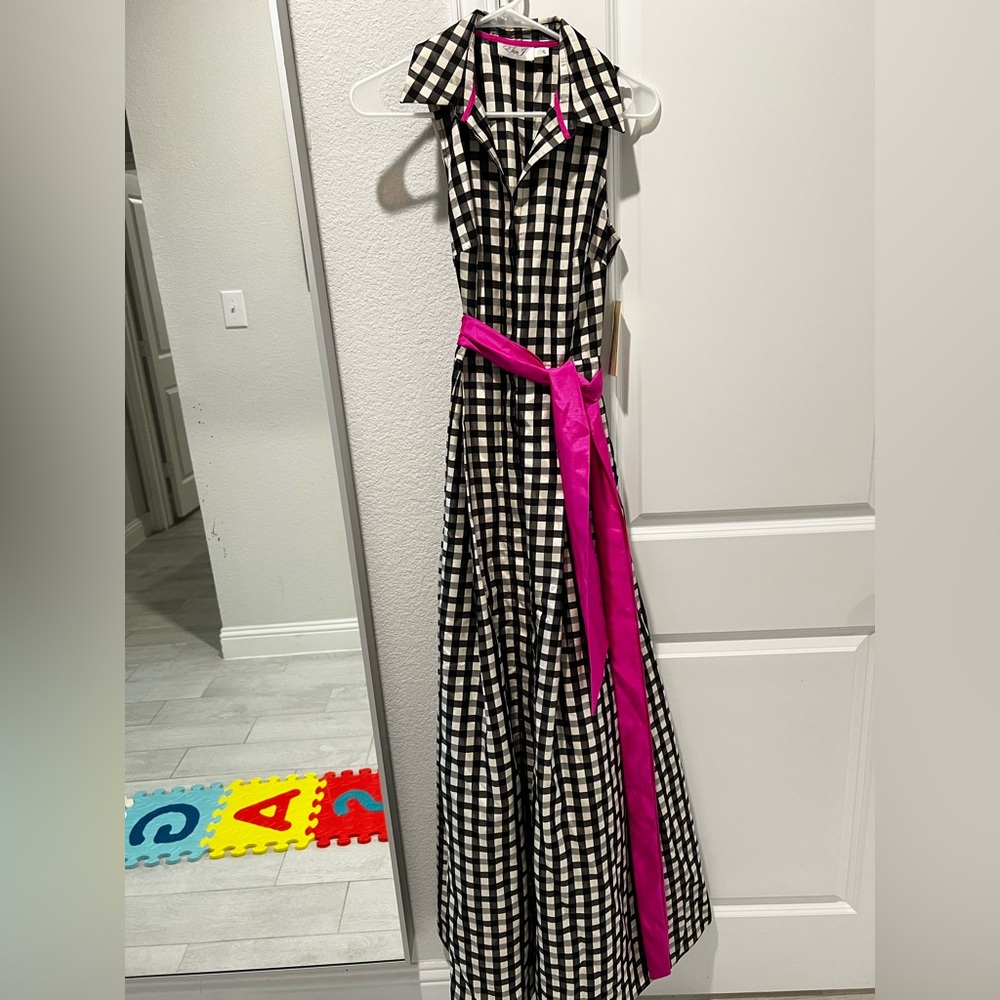 Black and White Checkered Dress with Pink Belt